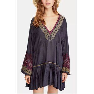 Free People Wild One Embroidered Peasant V Neck Mini Dress Black Size XS/Small